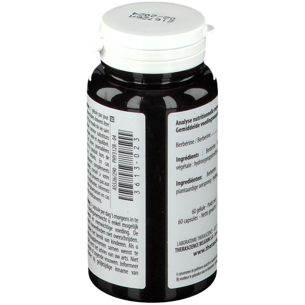 Zwarte fles met witte dop. Etiket met voedingsanalyse en ingrediënten. 60 capsules.
