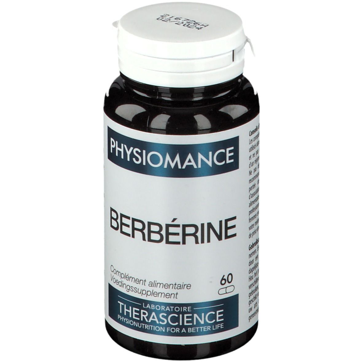Zwarte fles met witte dop. Opschrift: PHYSIOMANCE, BERBÉRINE, 60 capsules. Laboratoire Therascience.