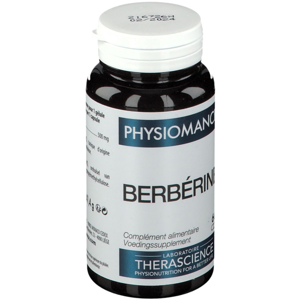 Zwarte fles met witte dop. Opschrift: PHYSIOMANCE, BERBÉRINE, 60 capsules. 500 mg per capsule.