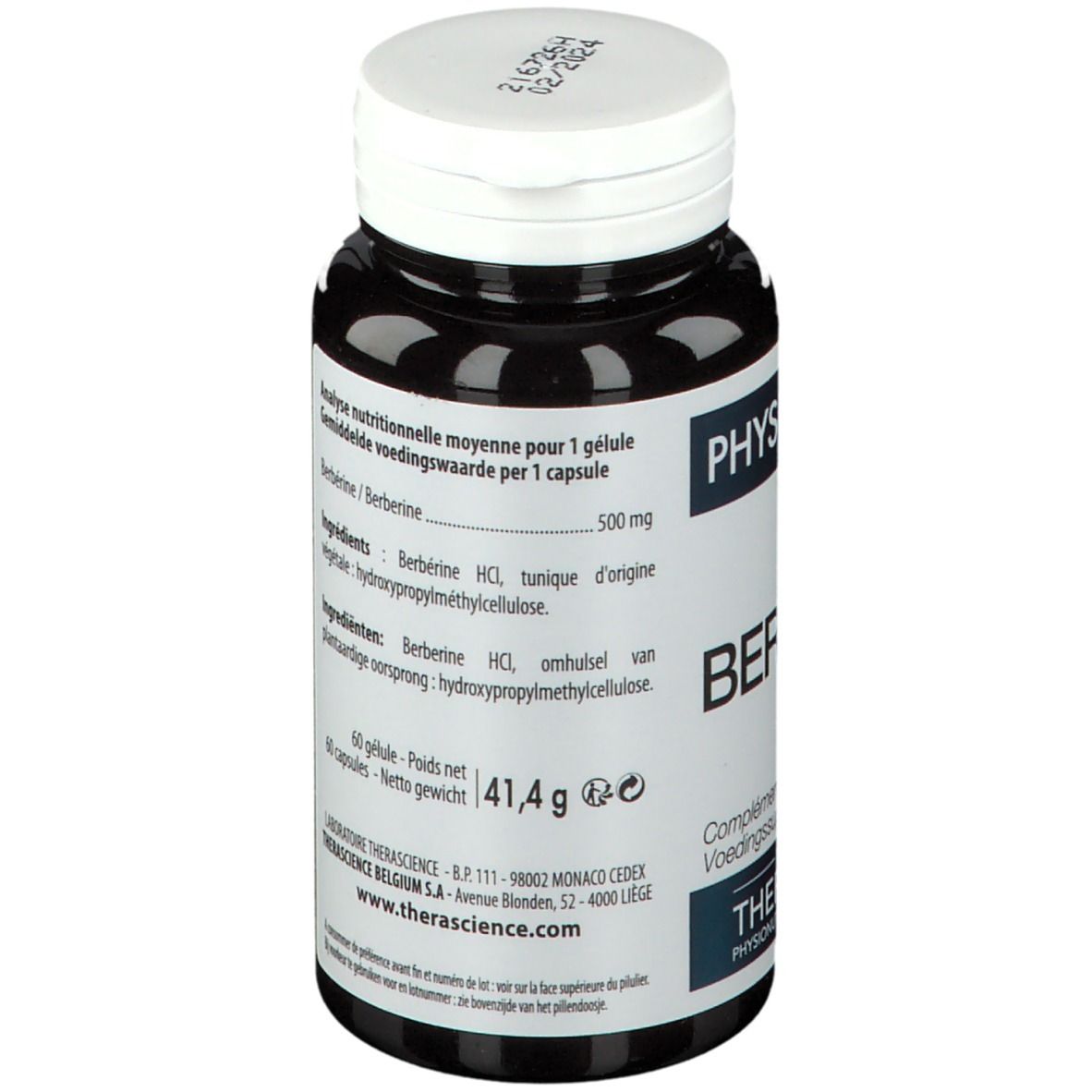Zwarte fles met witte dop. Voedingswaarde per capsule. Ingrediënten: Berberine HCl. 60 capsules, 41,4 g.