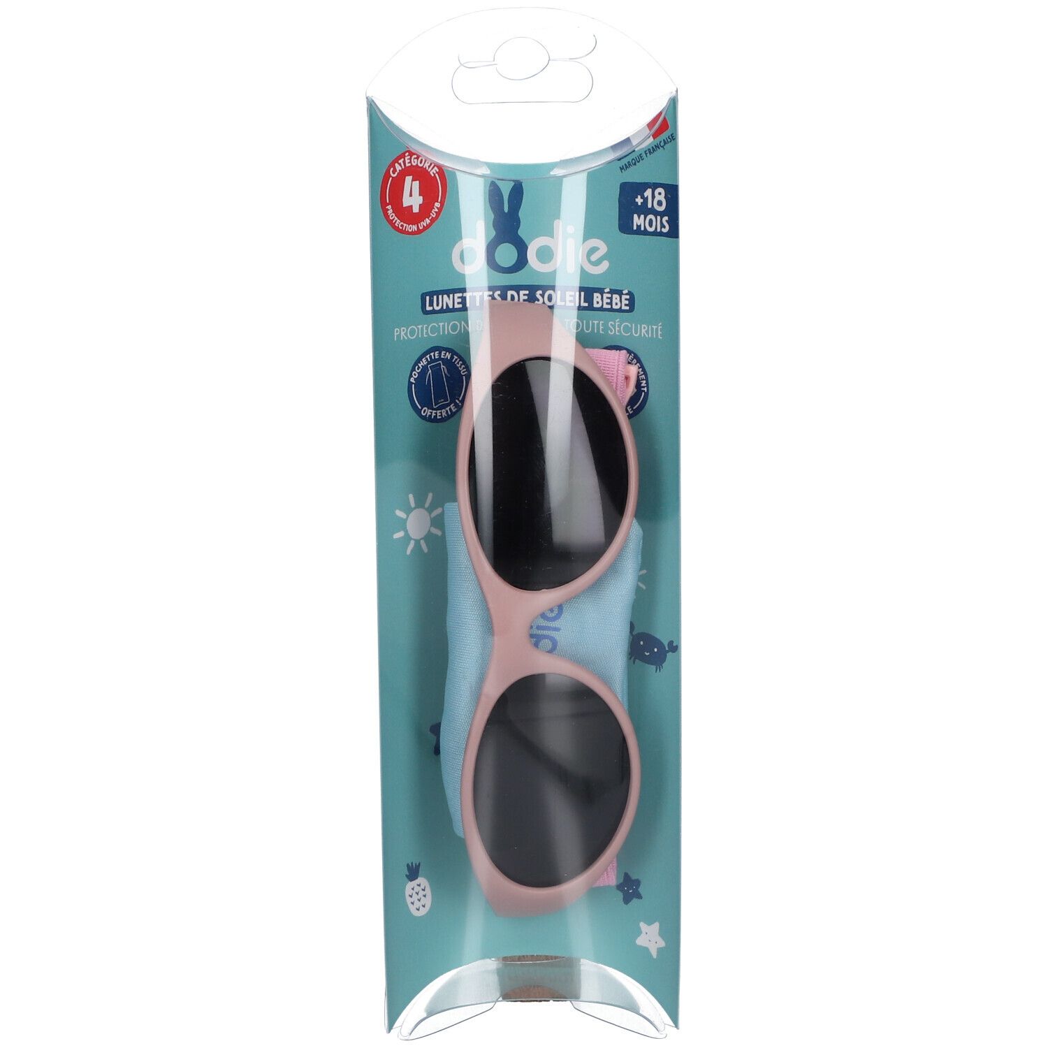 Rosa Baby-Sonnenbrille in Verpackung. Schwarze Gläser, blaues Putztuch. Kategorie 4 UV-Schutz.