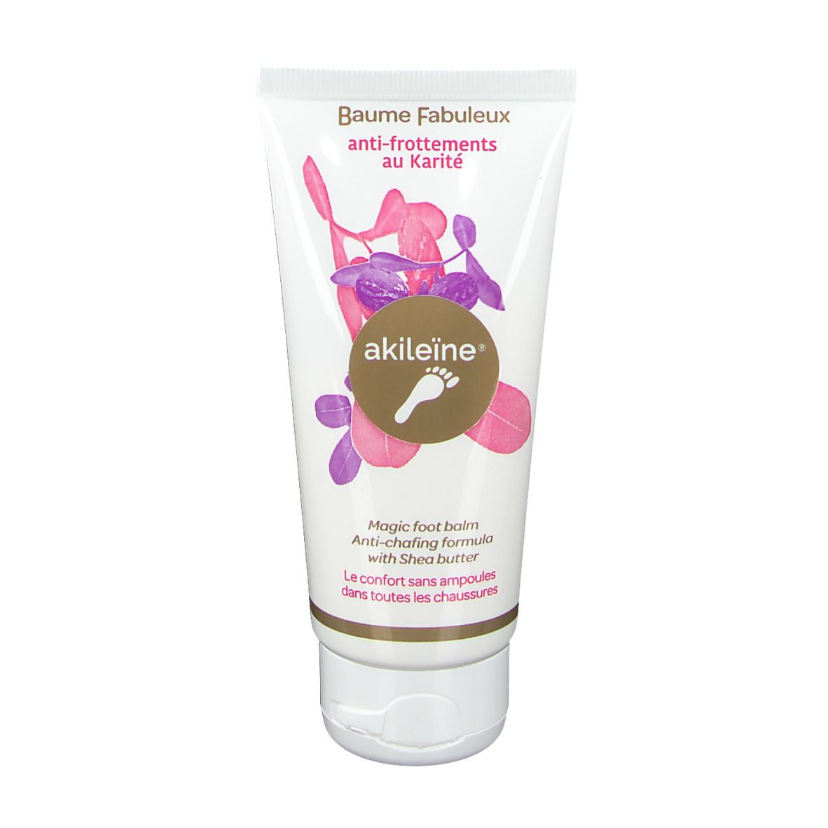 Weiße Tube mit rosa und lila floralem Design. Aufschrift: Akileine®, Baume Fabuleux anti-frottements au Karité.