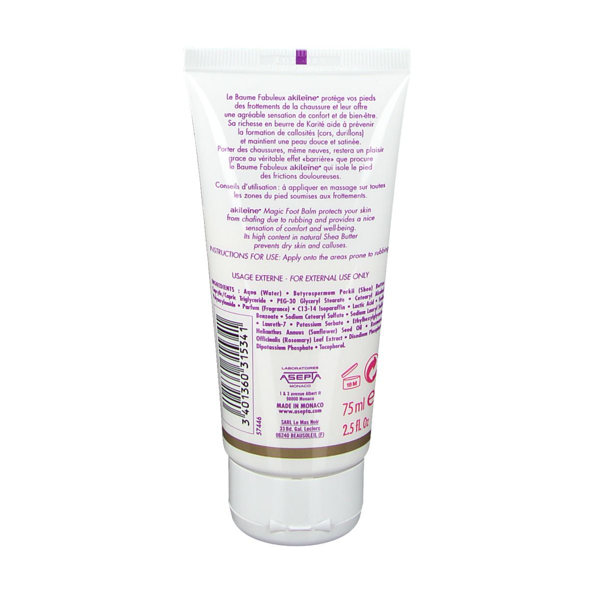Rückseite der Tube. Text in mehreren Sprachen. Inhaltsstoffe und Herstellerangaben. Volumen: 75 ml.