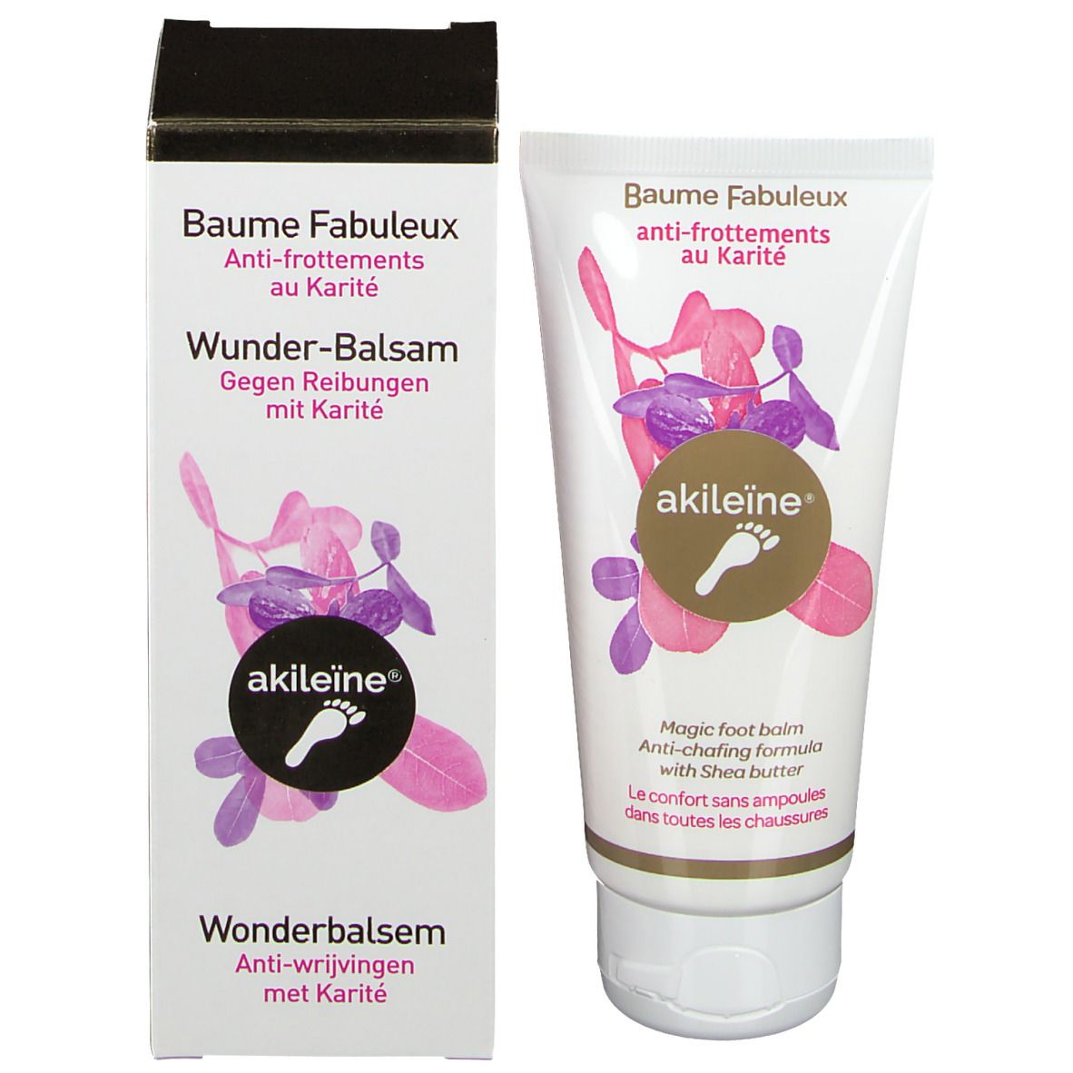 Produktverpackung: Tube und Schachtel. Tube: weiß, floral. Schachtel: weiß, schwarz. Aufschrift: Akileine®, Wunder-Balsam.