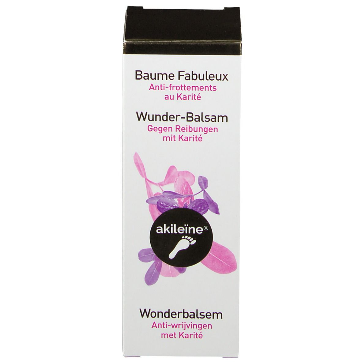Weiße Schachtel mit schwarzem Deckel. Aufschrift: Akileine®, Wunder-Balsam. Floral Design in Rosa und Lila.