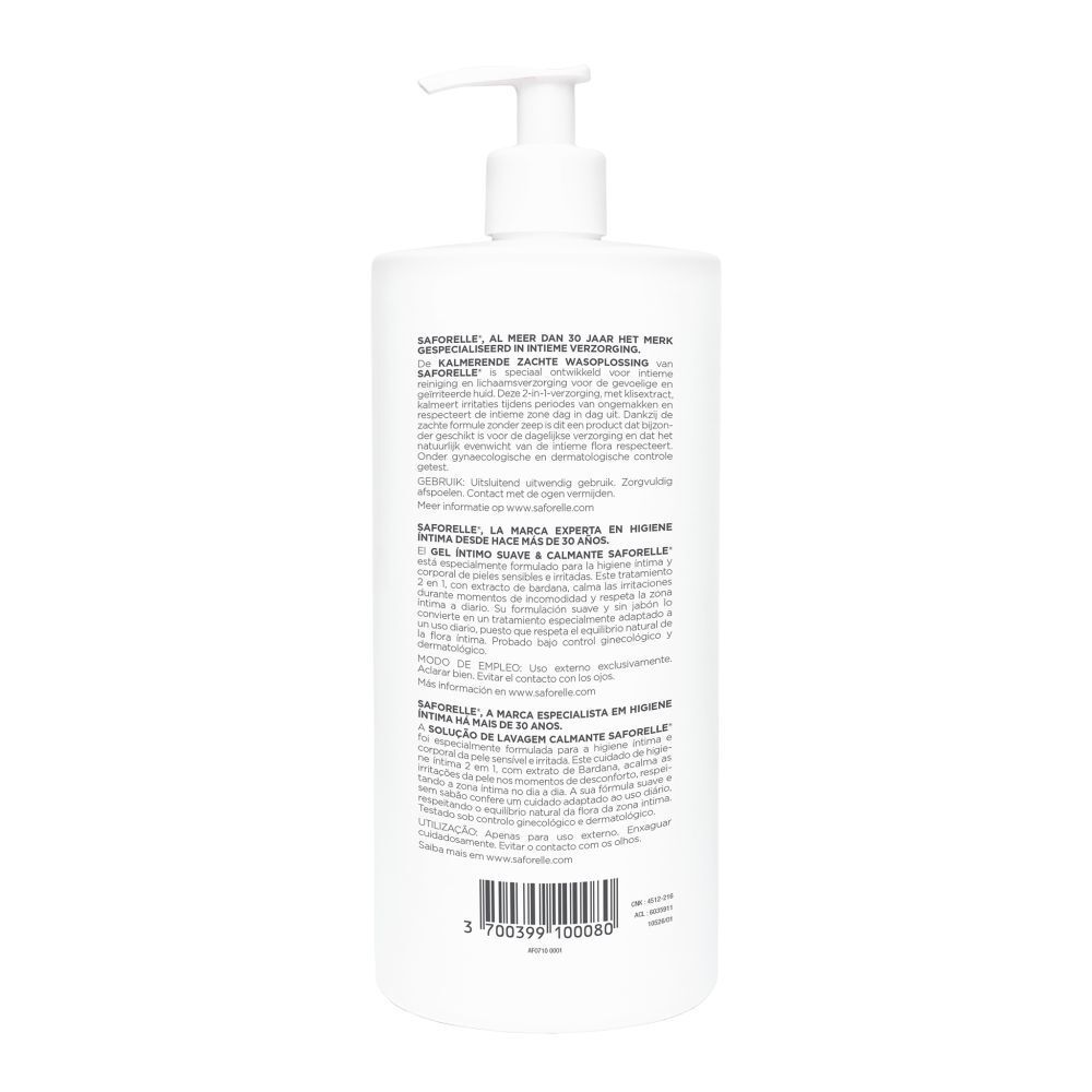 Rückseite der weißen Flasche. Text in mehreren Sprachen. Marke Saforelle. Inhaltsstoffe. Herstellerinformationen.