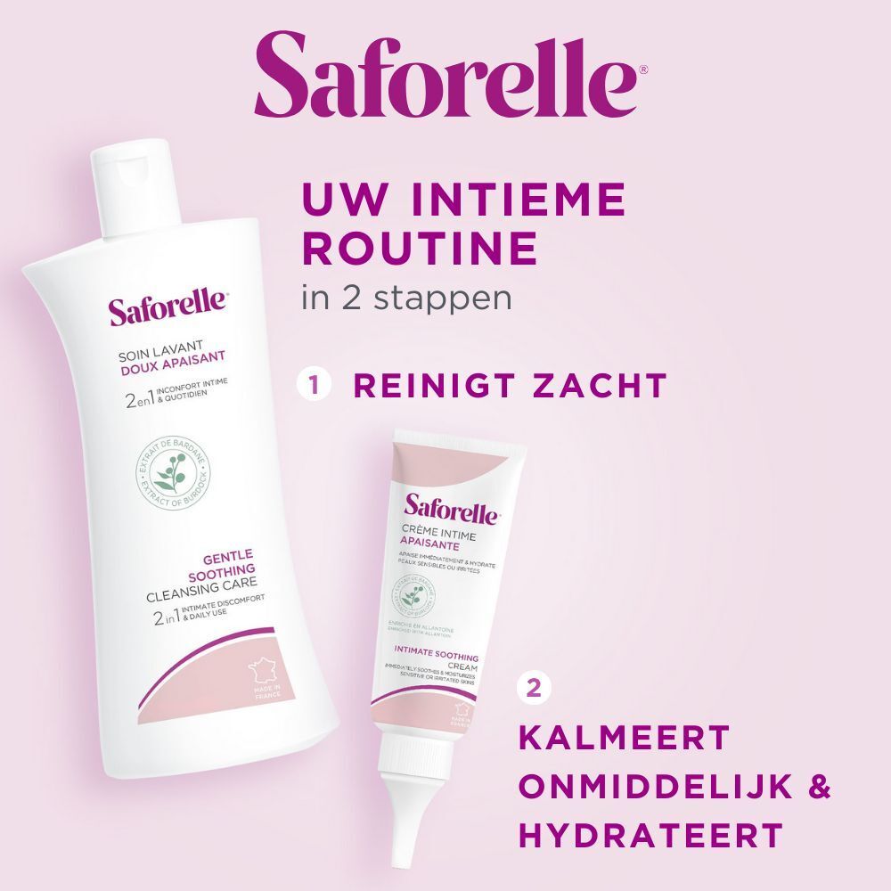 Zwei Produkte. Flasche und Tube. Text: Saforelle. Intime Routine in 2 Schritten. Reinigt sanft. Beruhigt sofort.