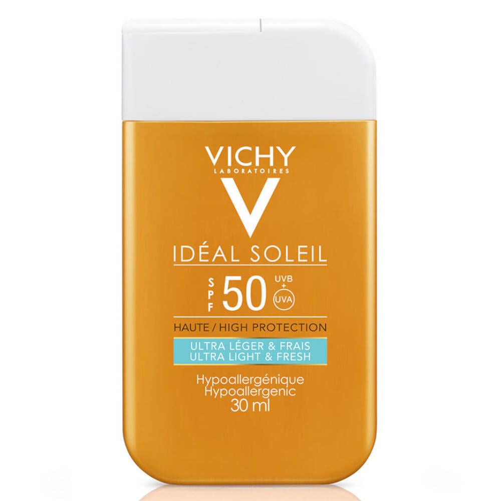Flacon de crème solaire orange et blanc. Inscriptions: VICHY, Idéal Soleil, SPF 50, Ultra léger & frais. Contenance: 30 ml.