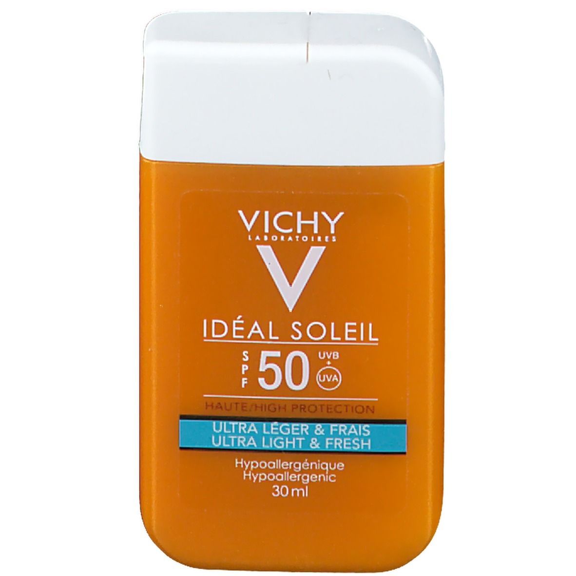 Flacon de crème solaire orange et blanc. Inscriptions: VICHY, Idéal Soleil, SPF 50, Ultra léger & frais. Contenance: 30 ml.