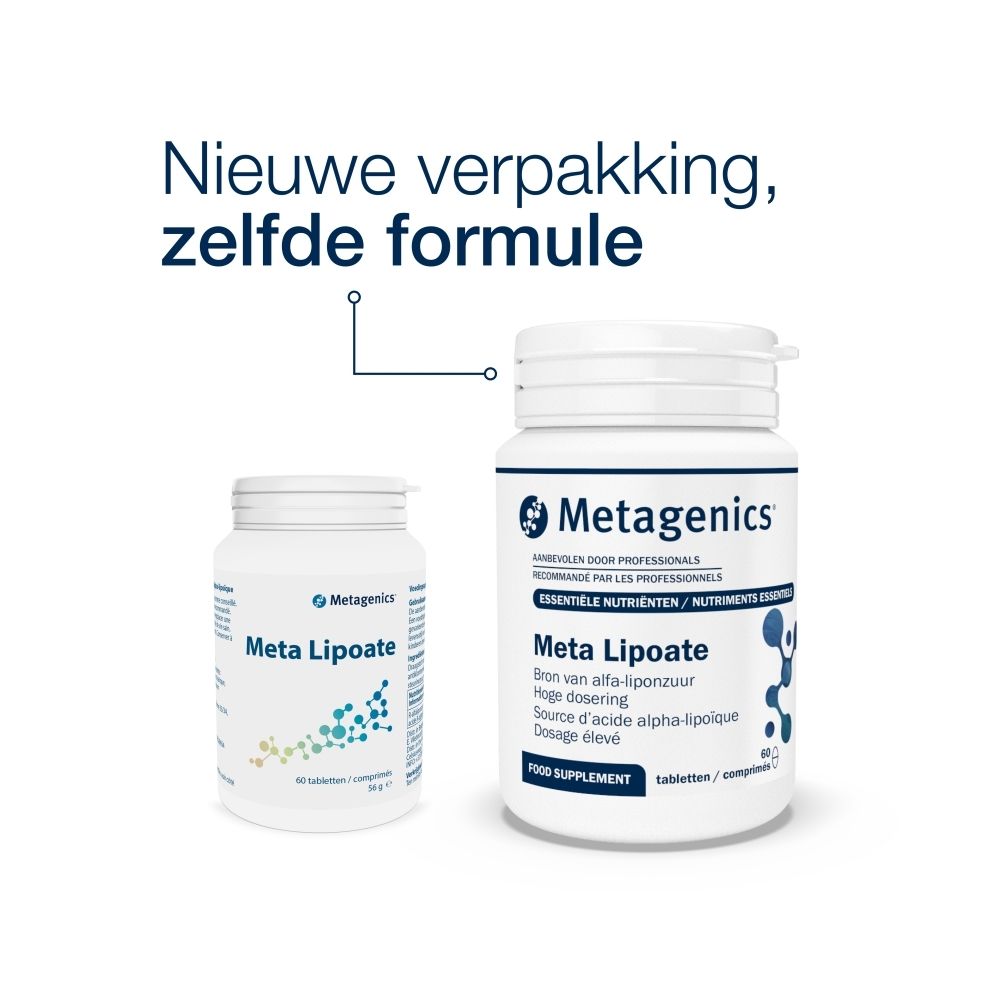Twee witte flessen Meta Lipoate. Opschrift: Nieuwe verpakking, zelfde formule. Merk: Metagenics.