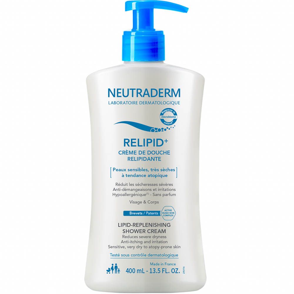 Neutraderm Relipid+ Crème de douche. Flacon blanc avec pompe bleue. Inscription: RELIPID+, Crème de Douche Relipidante.