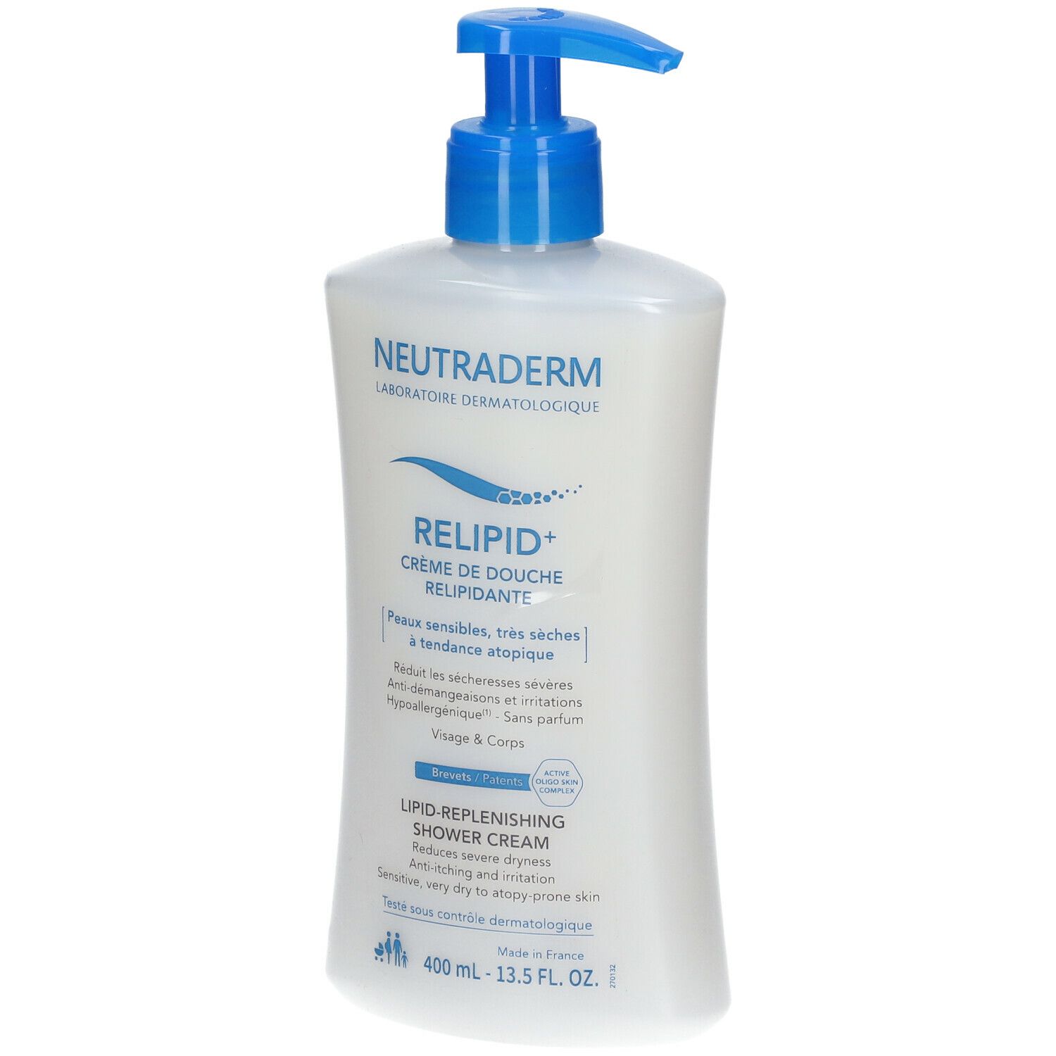Neutraderm Relipid+ Crème de douche. Flacon blanc avec pompe bleue. Inscription: RELIPID+, Crème de Douche Relipidante.