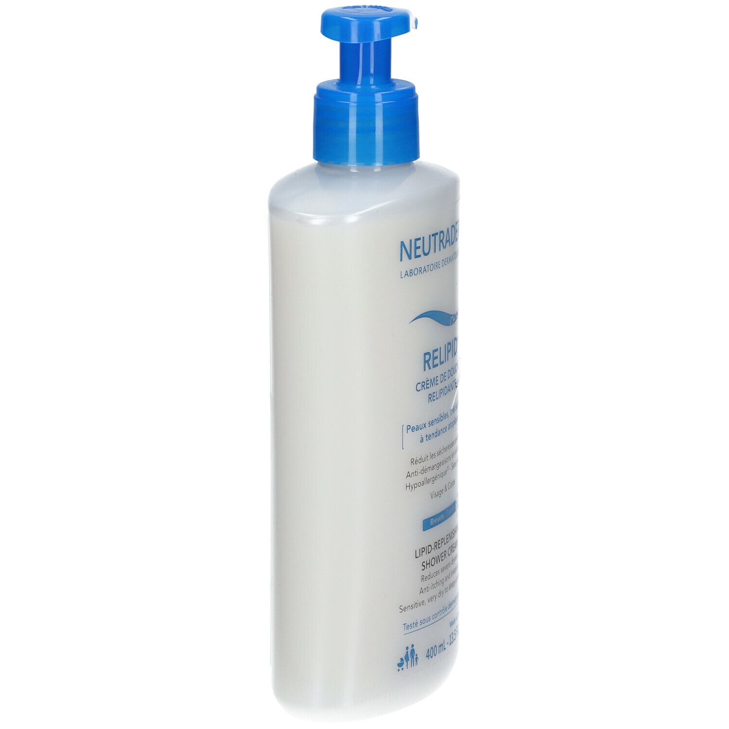 Neutraderm Relipid+ Crème de douche. Flacon blanc avec pompe bleue. Vue latérale. Texte visible.