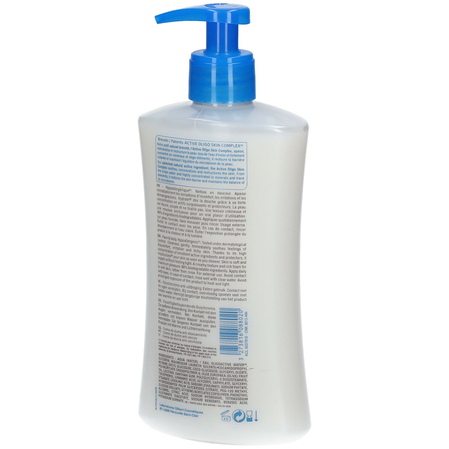 Neutraderm Relipid+ Crème de douche. Flacon blanc avec pompe bleue. Vue arrière. Texte visible.