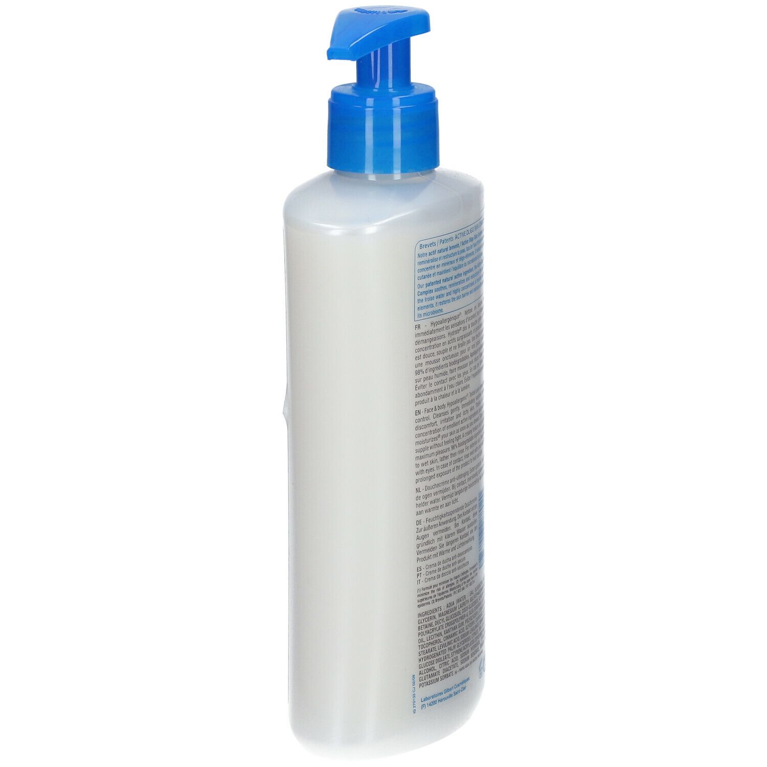 Neutraderm Relipid+ Crème de douche. Flacon blanc avec pompe bleue. Vue latérale. Texte visible.