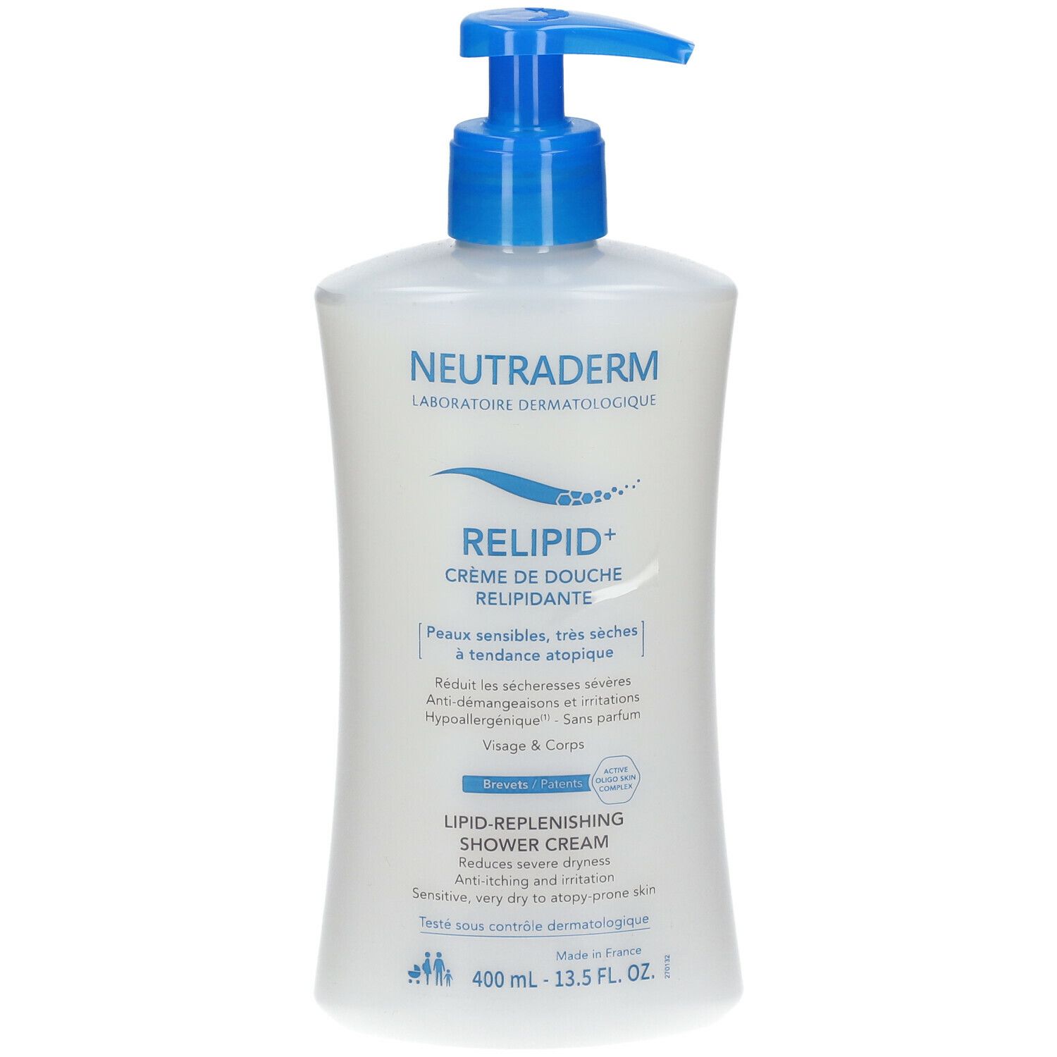 Neutraderm Relipid+ Crème de douche. Flacon blanc avec pompe bleue. Inscription: RELIPID+, Crème de Douche Relipidante.