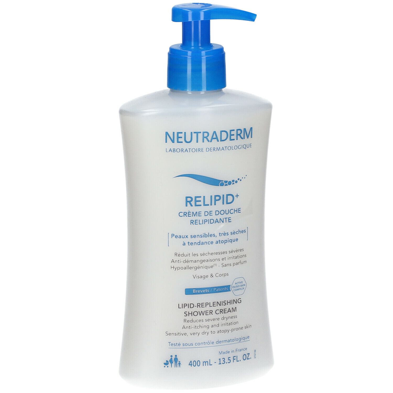 Neutraderm Relipid+ Crème de douche. Flacon blanc avec pompe bleue. Inscription: RELIPID+, Crème de Douche Relipidante.