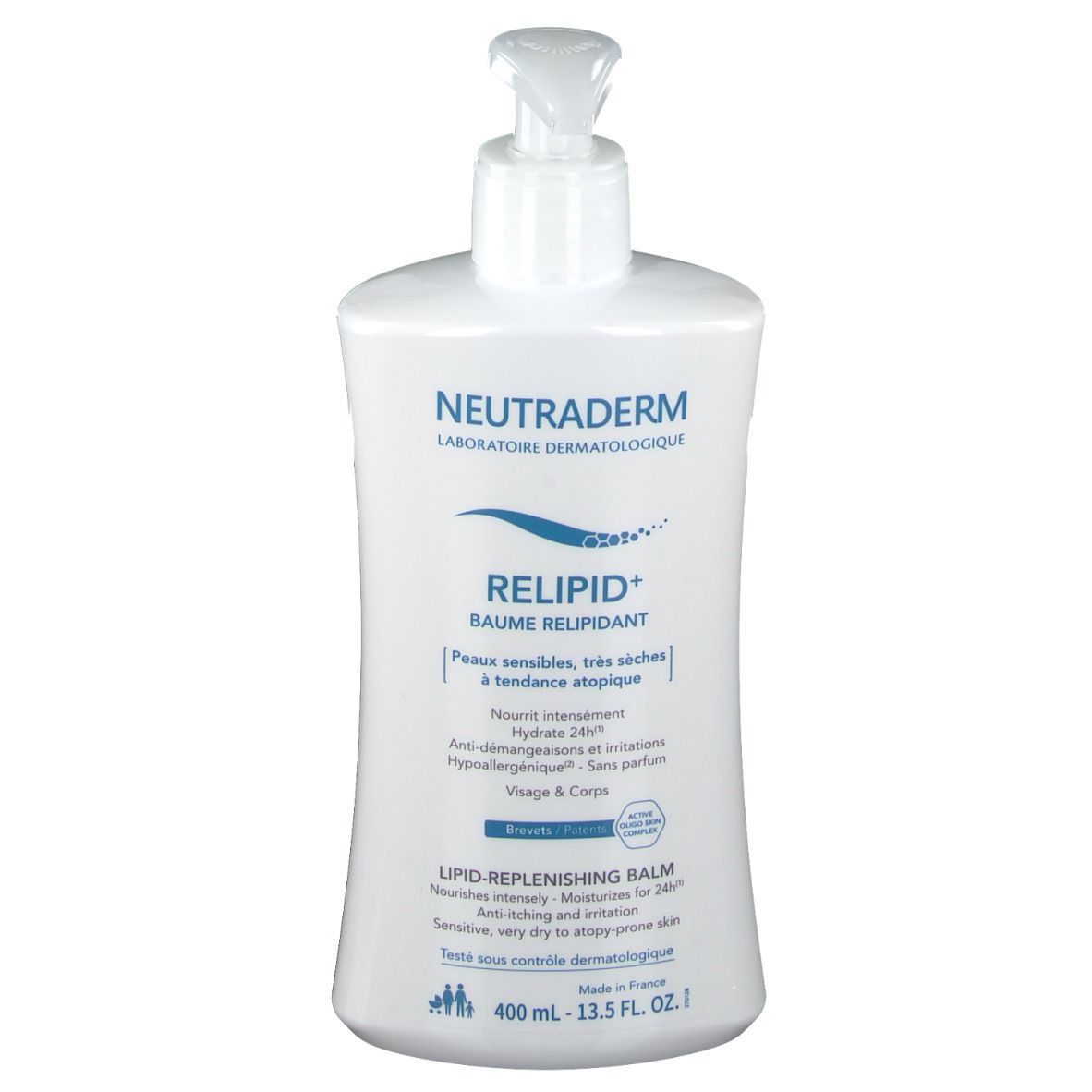 Weiße Flasche mit Spender. Aufschrift: Neutraderm Relipid+ Baume Relipidant. Für empfindliche, sehr trockene Haut.