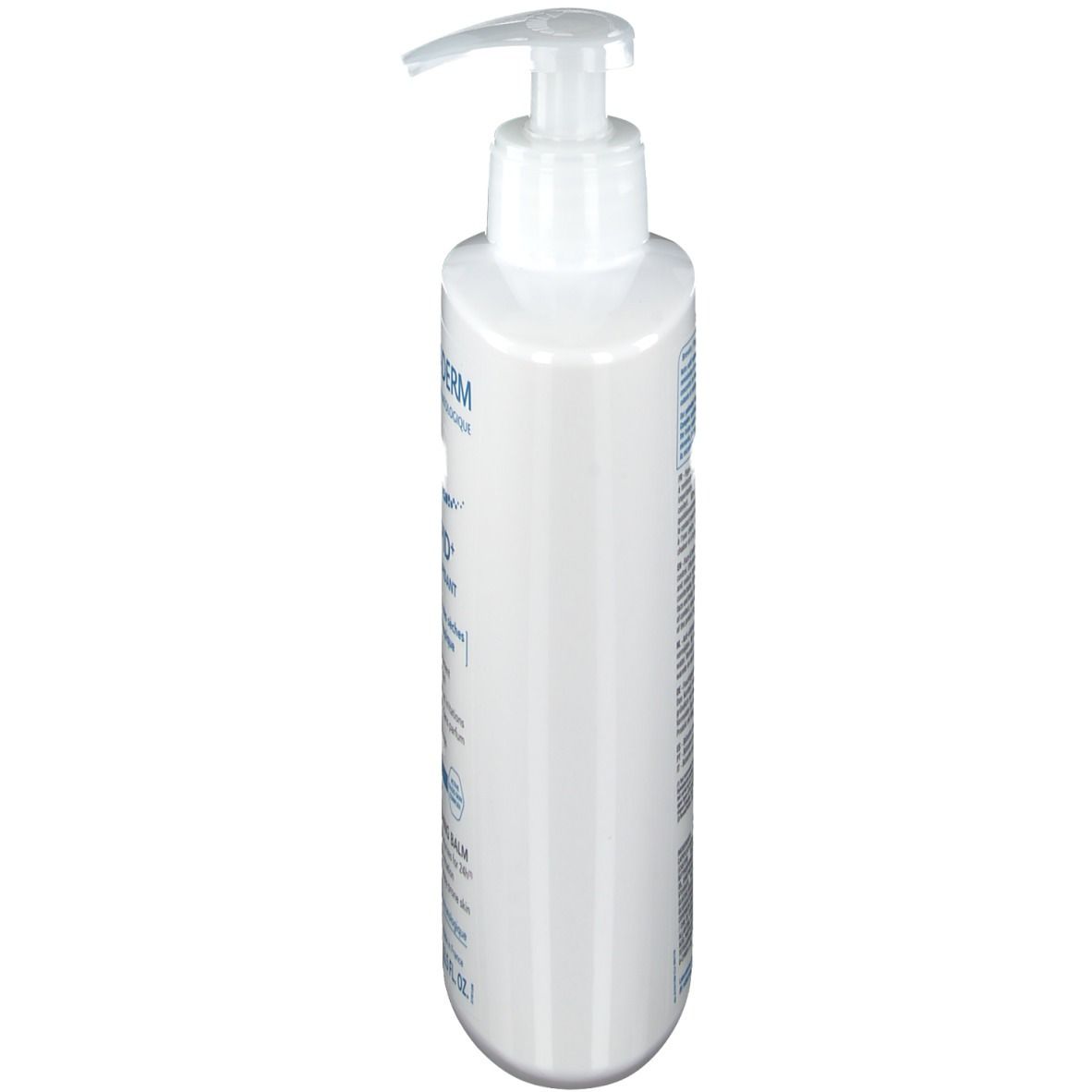 Weiße Flasche mit Spender. Seitenansicht. Aufschrift: Neutraderm. Produktinformationen aufgedruckt.
