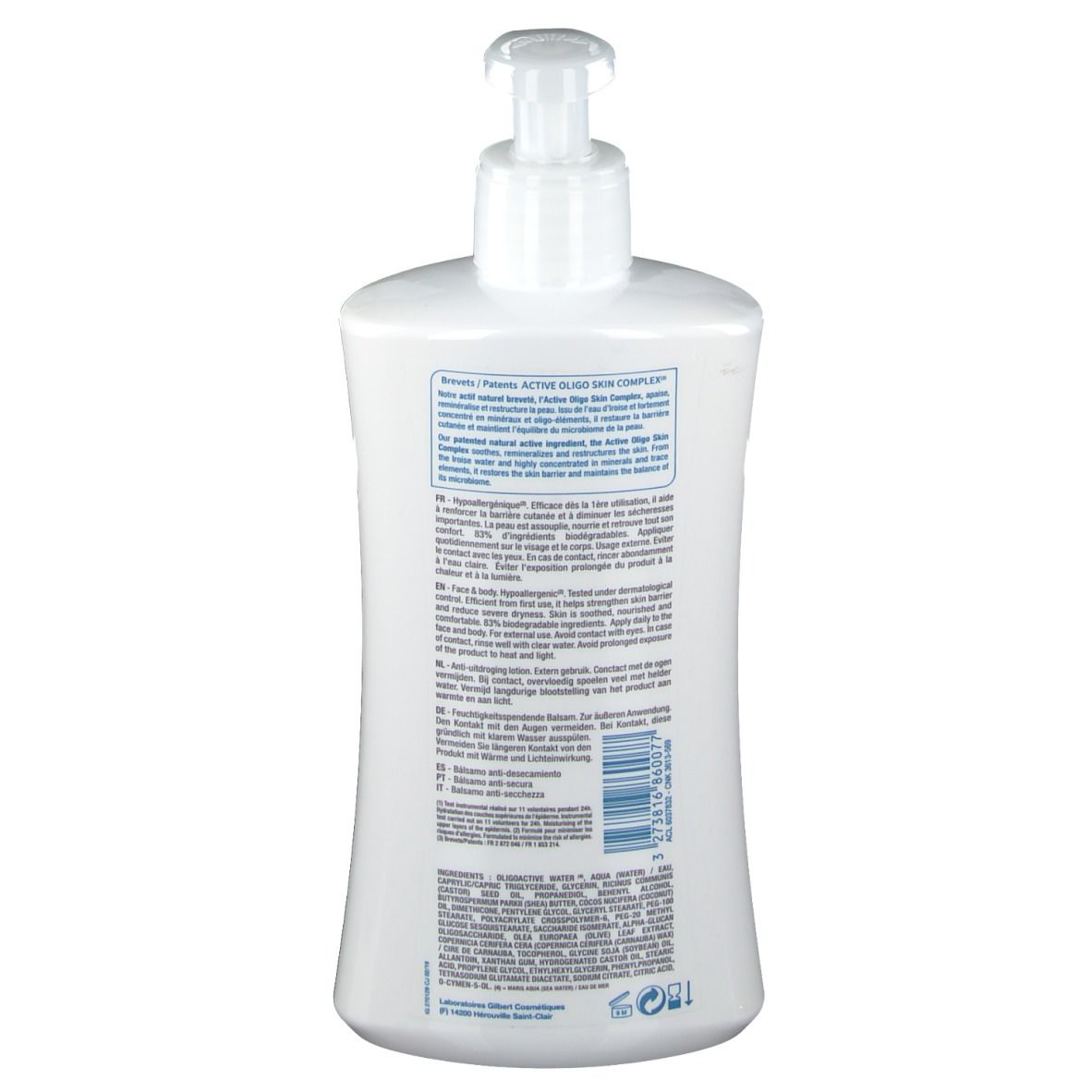 Rückseite einer weißen Flasche mit Spender. Produktinformationen und Barcode aufgedruckt.