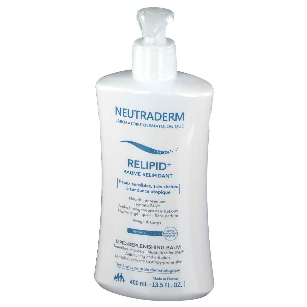Weiße Flasche mit Spender. Aufschrift: Neutraderm Relipid+ Baume Relipidant. Für empfindliche, sehr trockene Haut.