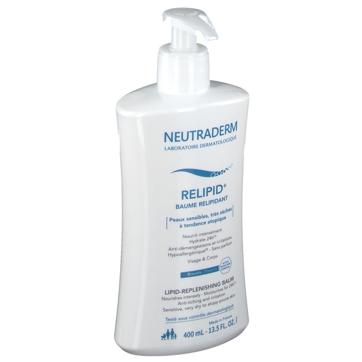 Weiße Flasche mit Spender. Aufschrift: Neutraderm Relipid+ Baume Relipidant. Für empfindliche, sehr trockene Haut.