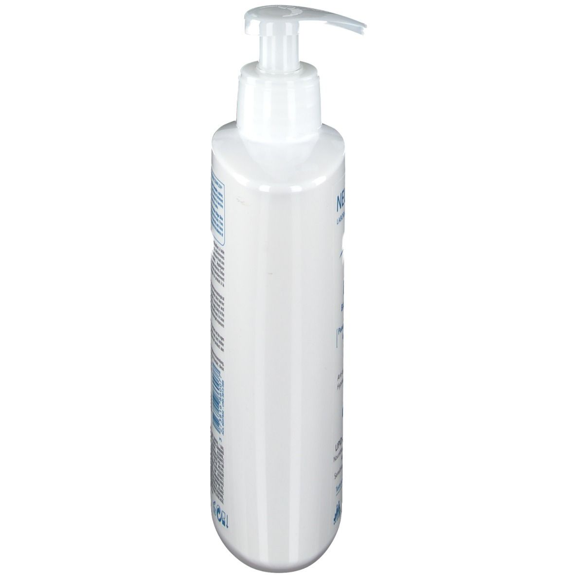 Weiße Flasche mit Spender. Seitenansicht. Aufschrift: Neutraderm. Produktinformationen aufgedruckt.