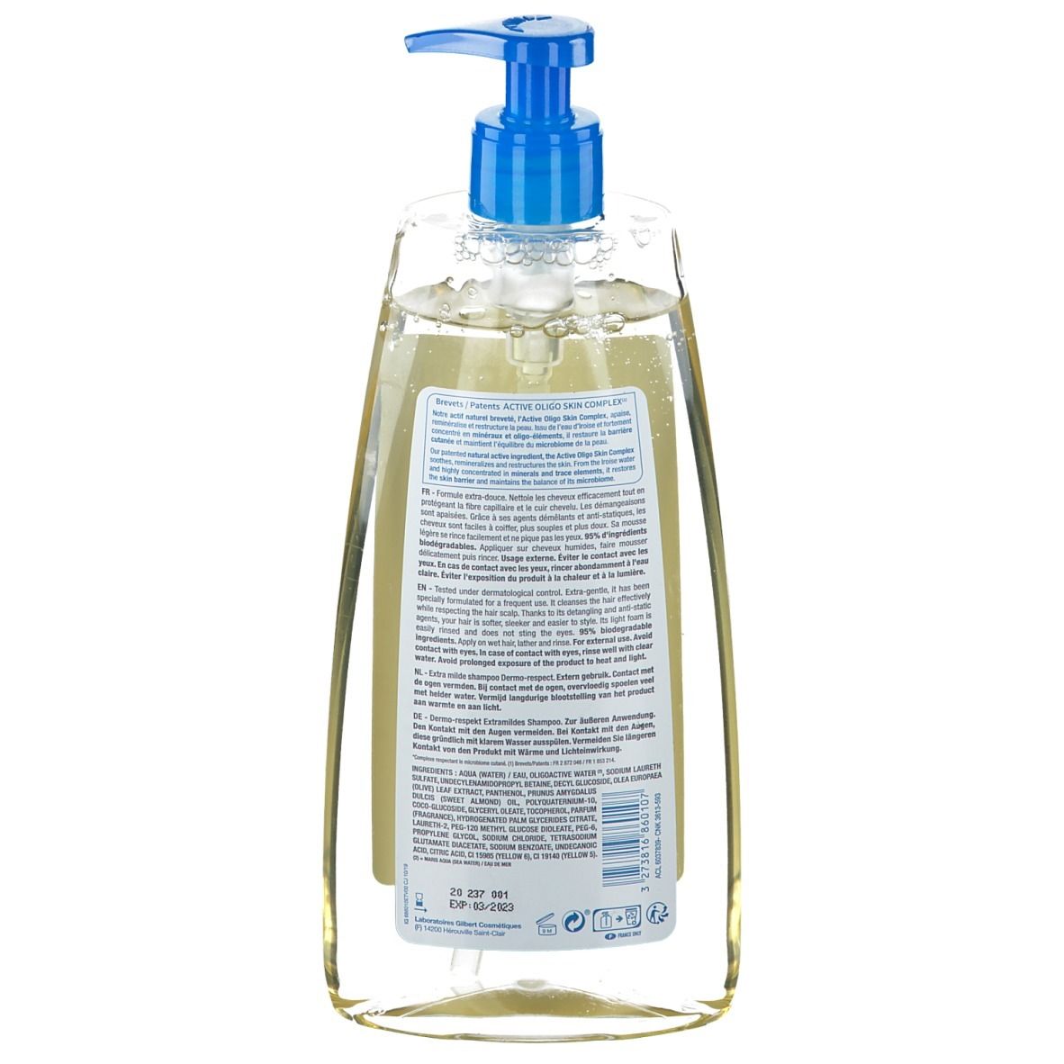 Achterkant van de Neutraderm shampoo fles. Etiket met productinformatie en ingrediënten.