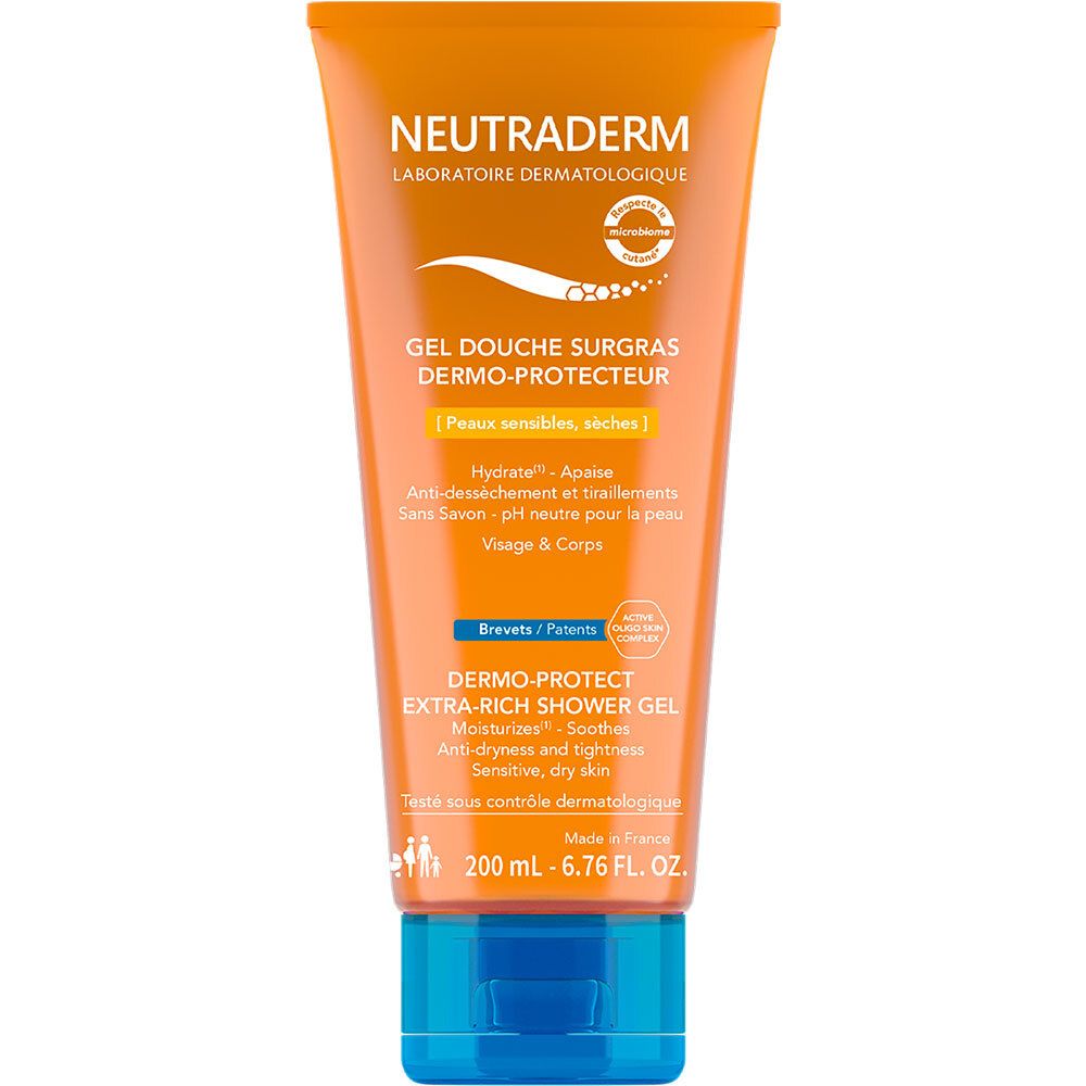 Tube orange et bleu. Texte: Neutraderm, Gel Douche Surgras Dermo-Protecteur, 200 ml.