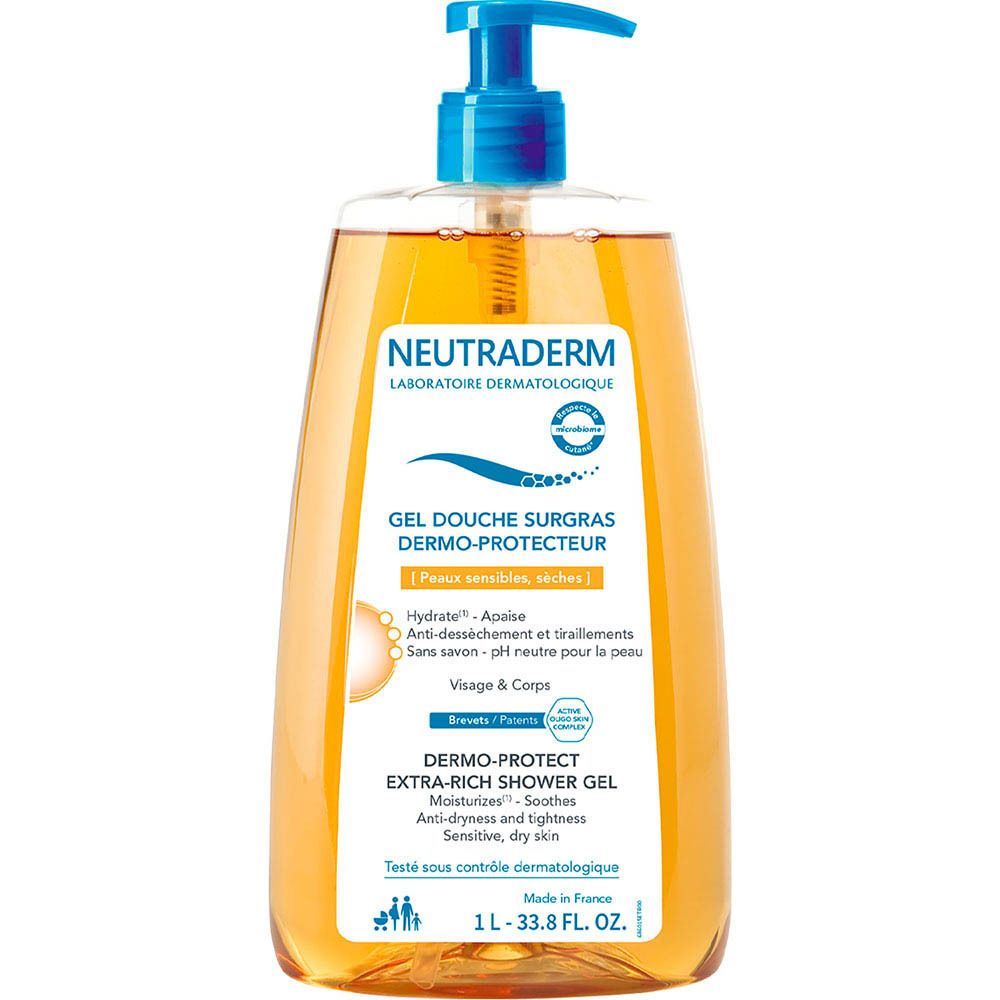Neutraderm douchegelfles met blauwe pomp. Opschrift: Gel Douche Surgras Dermo-Protecteur. 1L.
