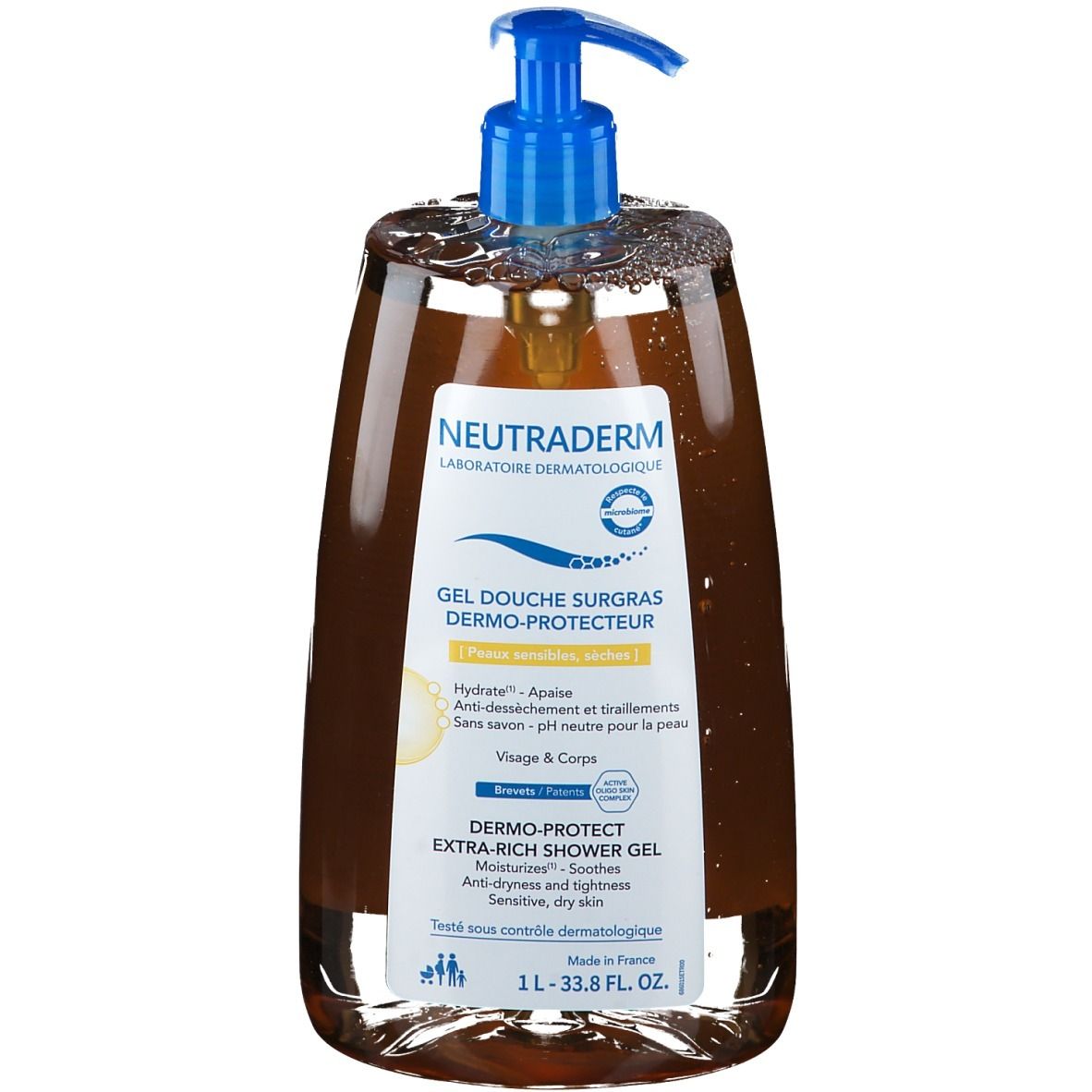 Neutraderm douchegelfles met blauwe pomp. Opschrift: Gel Douche Surgras Dermo-Protecteur. 1L.