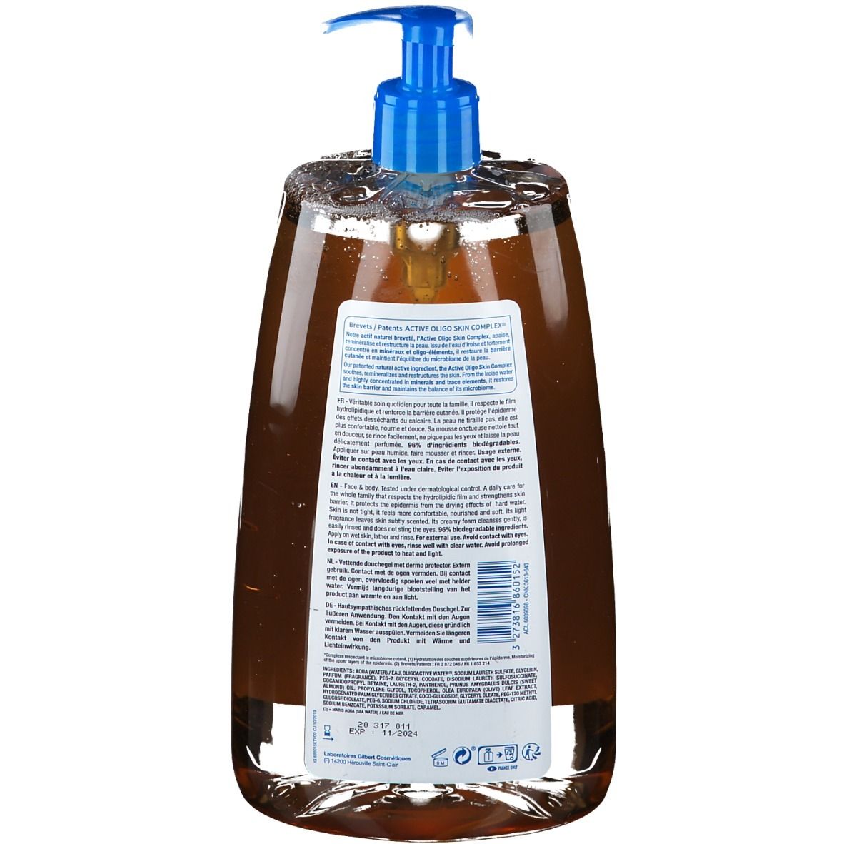 Achterkant van de Neutraderm douchegelfles. Tekstinformatie en barcode. Blauw-witte etikettering.
