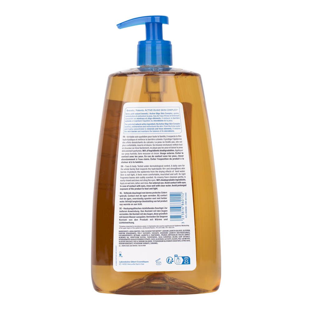 Achterkant van de Neutraderm douchegelfles. Tekstinformatie en barcode. Blauw-witte etikettering.