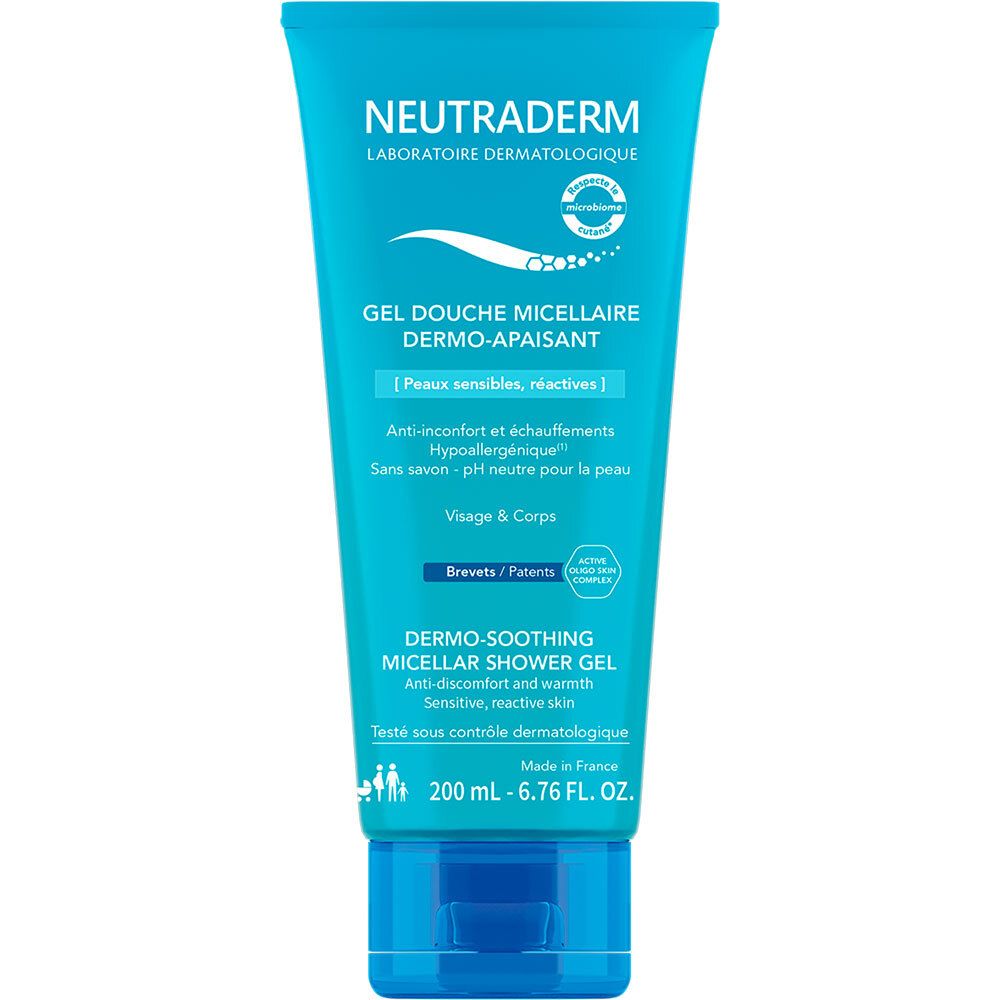 Turquoise tube Neutraderm micellaire douchegel. Opschrift bovenaan, productnaam en info eronder. Volume onderaan.