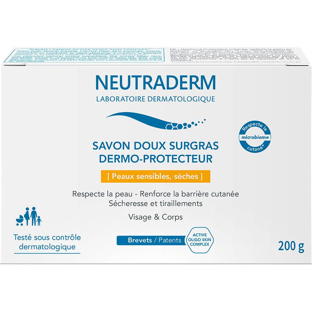 Witte Neutraderm-doos. Dermo-Protecteur zeep voor gevoelige, droge huid. 200 g. Dermatologisch getest.