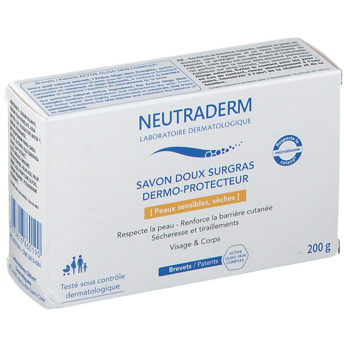 Weißer Karton mit Neutraderm-Logo und Produktbezeichnung. Enthält 200 g Seife. Für empfindliche, trockene Haut.