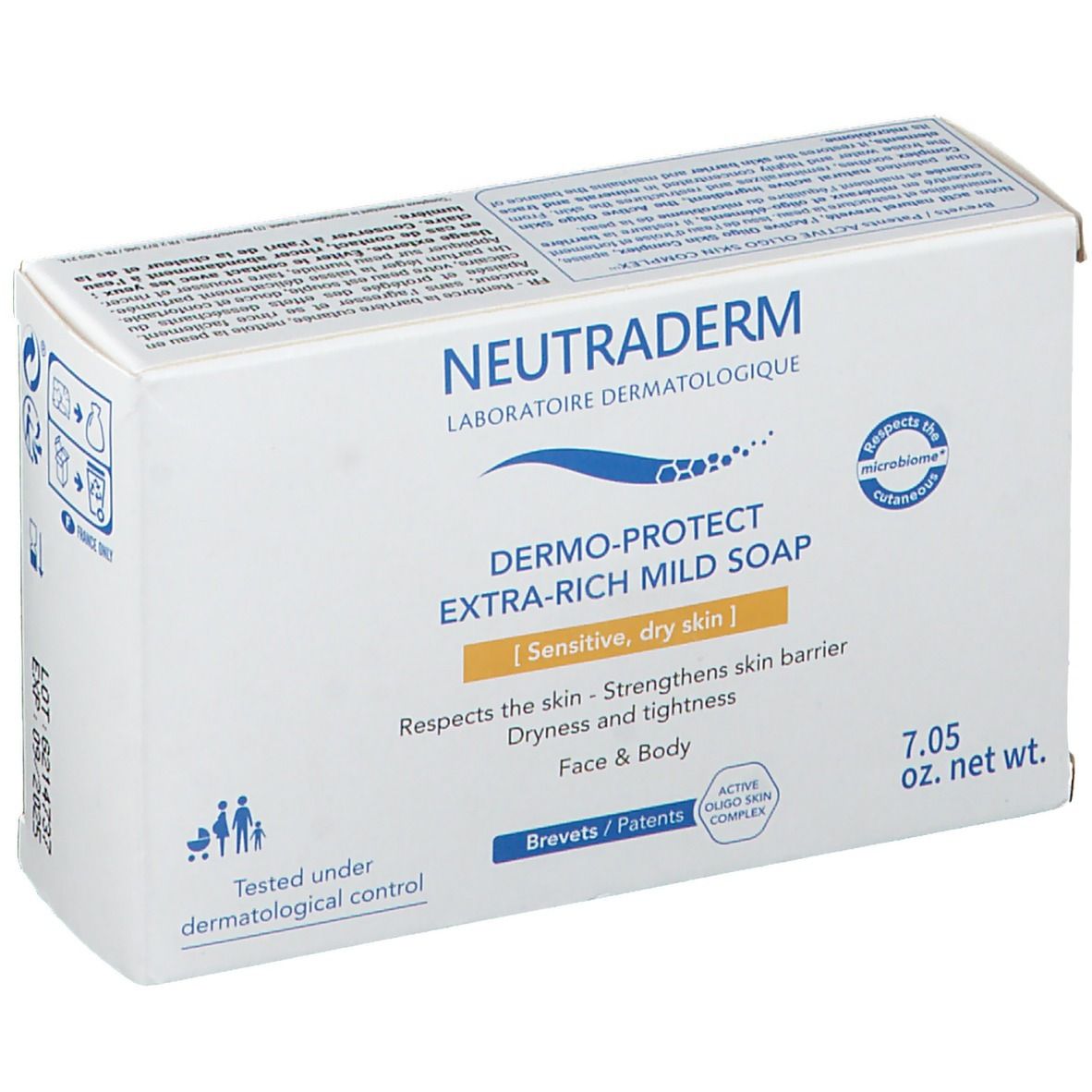 Weiße Verpackung mit Neutraderm-Logo. Dermo-Protect Extra-Rich Mild Soap für empfindliche, trockene Haut. 7.05 oz.