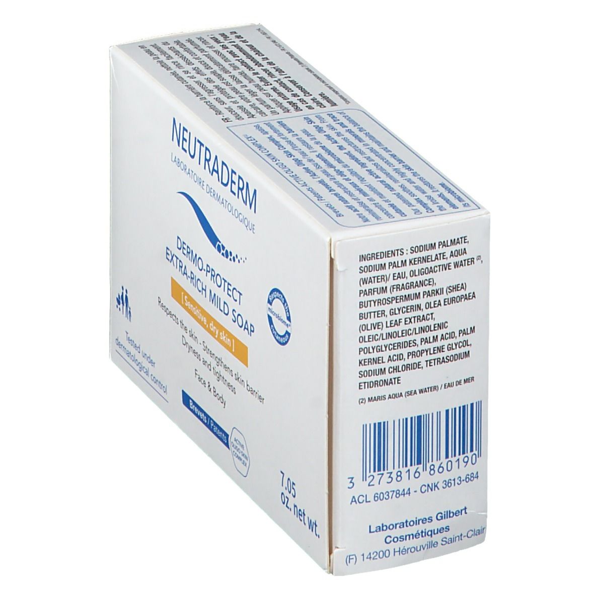 Schräg gestellte weiße Verpackung mit Neutraderm-Logo. Inhaltsstoffe und Produktinformationen. 7.05 oz.