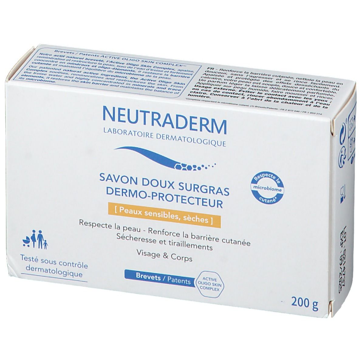 Weiße Verpackung mit Neutraderm-Logo. Savon doux surgras Dermo-Protecteur für empfindliche, trockene Haut. 200 g.