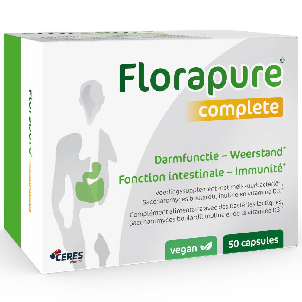 Weißer Karton mit "FloraPure complete"-Logo. Enthält 50 Kapseln. Vegan-Siegel. Abbildung eines Verdauungssystems.