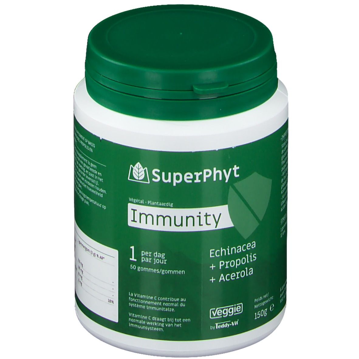 Pot blanc et vert. Inscription SuperPhyt Immunity, Echinacea, Propolis, Acerola. 50 gommes.