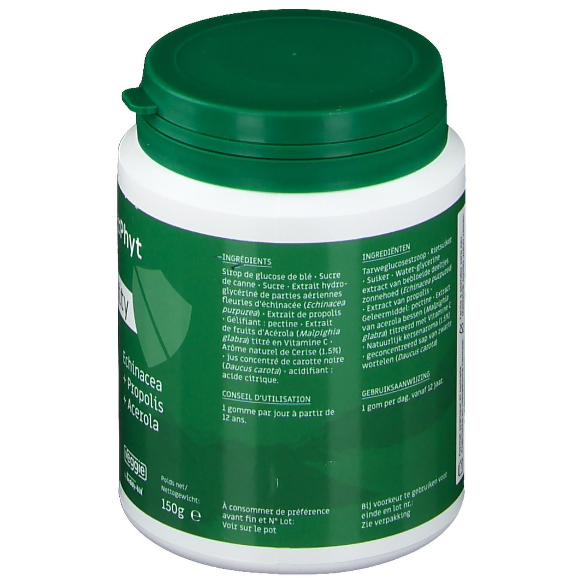 Dos du pot blanc et vert. Liste des ingrédients, conseils d'utilisation. 150g.