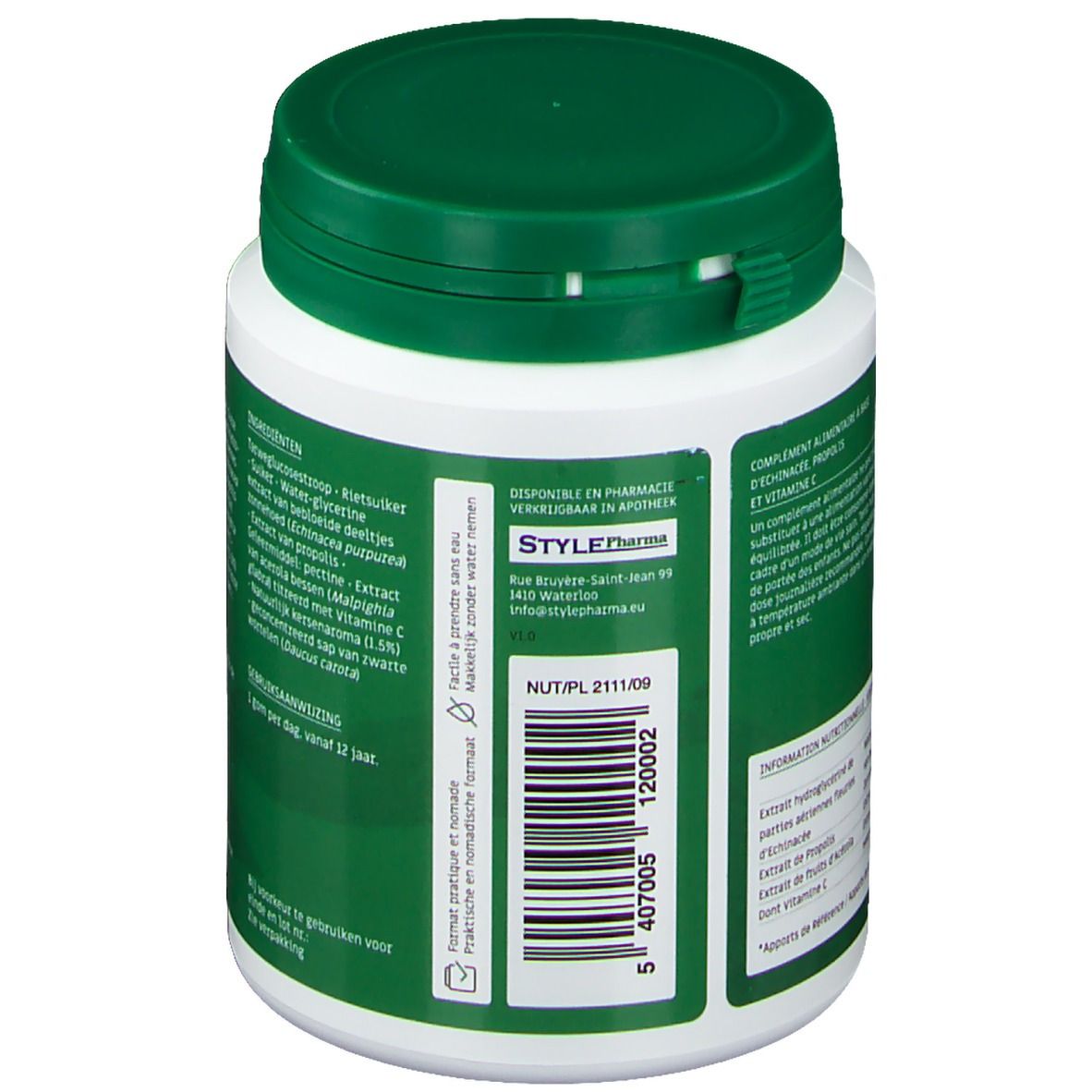Dos du pot blanc et vert. Logo pharmacie, informations nutritionnelles, numéro de lot.