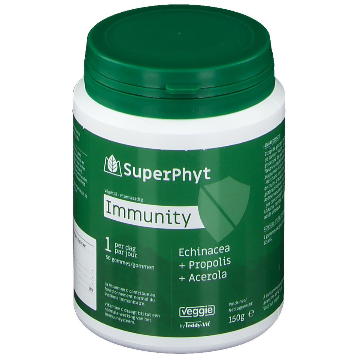 Pot blanc et vert. Inscription SuperPhyt Immunity, Echinacea, Propolis, Acerola. 50 gommes.