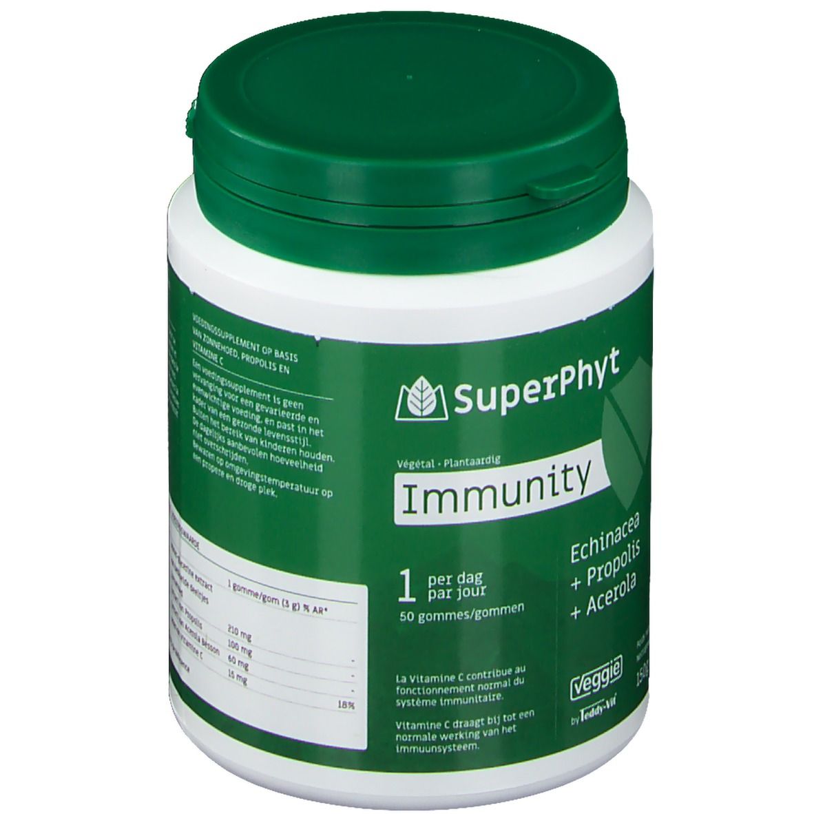 Pot blanc et vert. Inscription SuperPhyt Immunity, Echinacea, Propolis, Acerola. 50 gommes.
