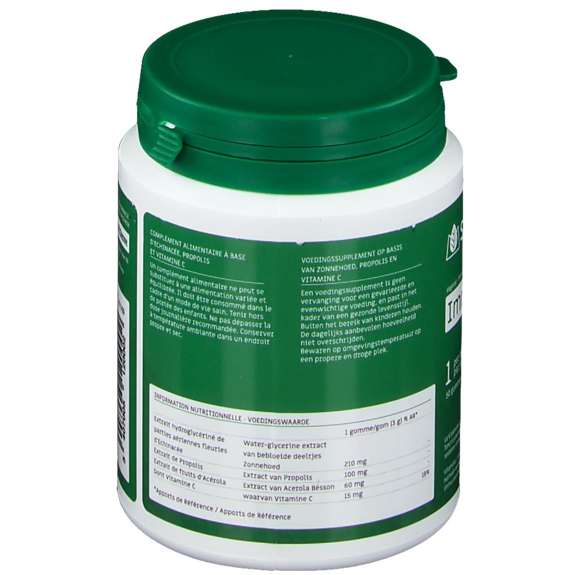 Dos du pot blanc et vert. Informations nutritionnelles, ingrédients, vitamine C.