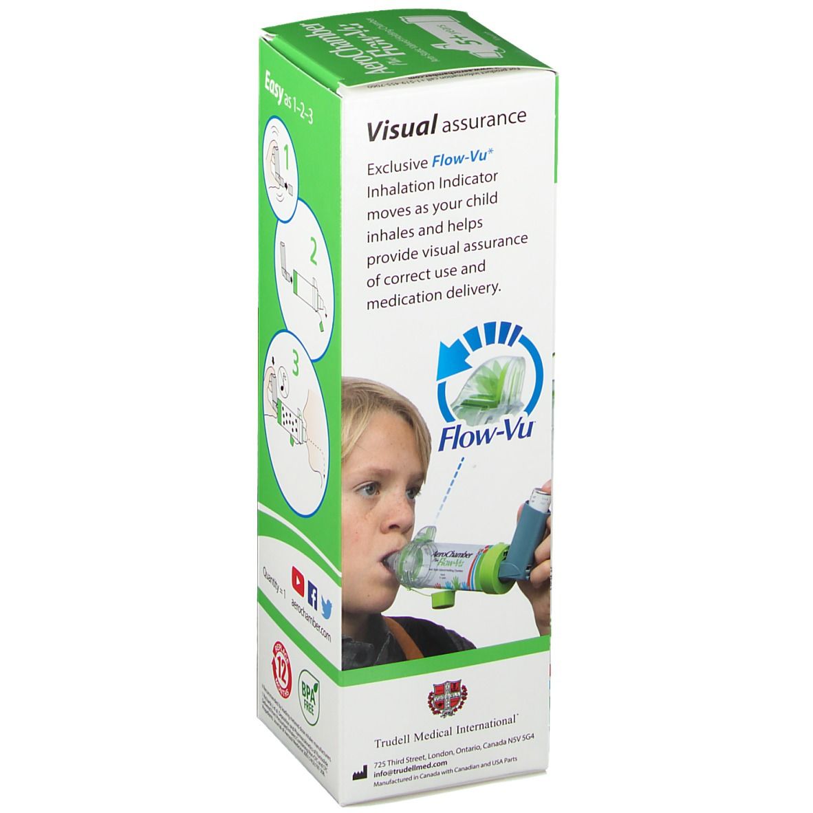 Seite der AeroChamber Plus Flow-Vu Verpackung. Kind benutzt das Gerät. Text: 'Visual assurance'. Flow-Vu-Anzeige.
