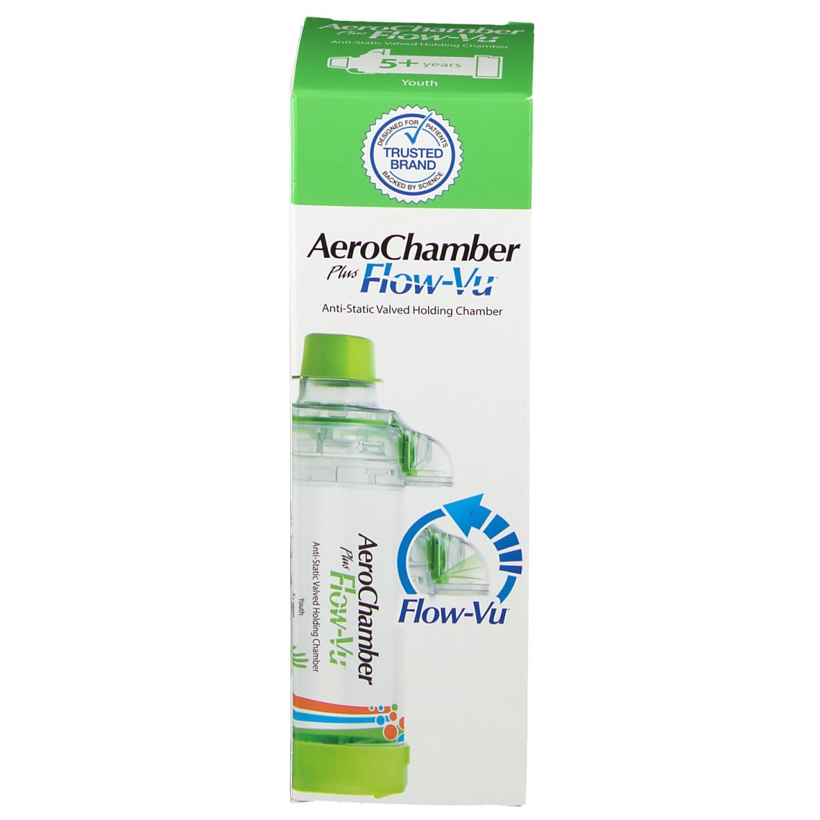 AeroChamber Plus Flow-Vu in der Verpackung. Grün-weiße Box. Produktname und Logo. Sichtbare Flow-Vu-Anzeige.