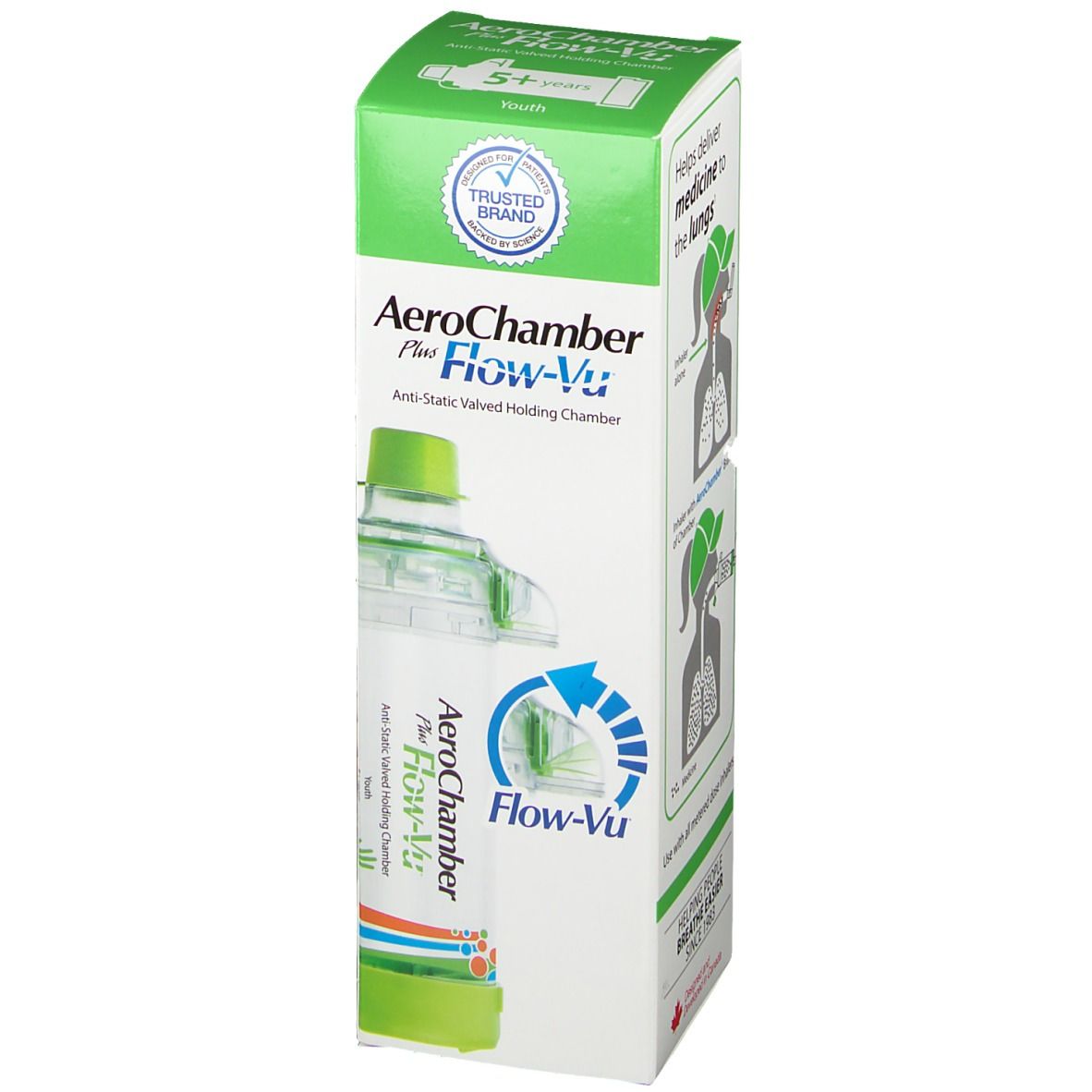 AeroChamber Plus Flow-Vu in der Verpackung. Grün-weiße Box. Produktname und Logo. Sichtbare Flow-Vu-Anzeige.