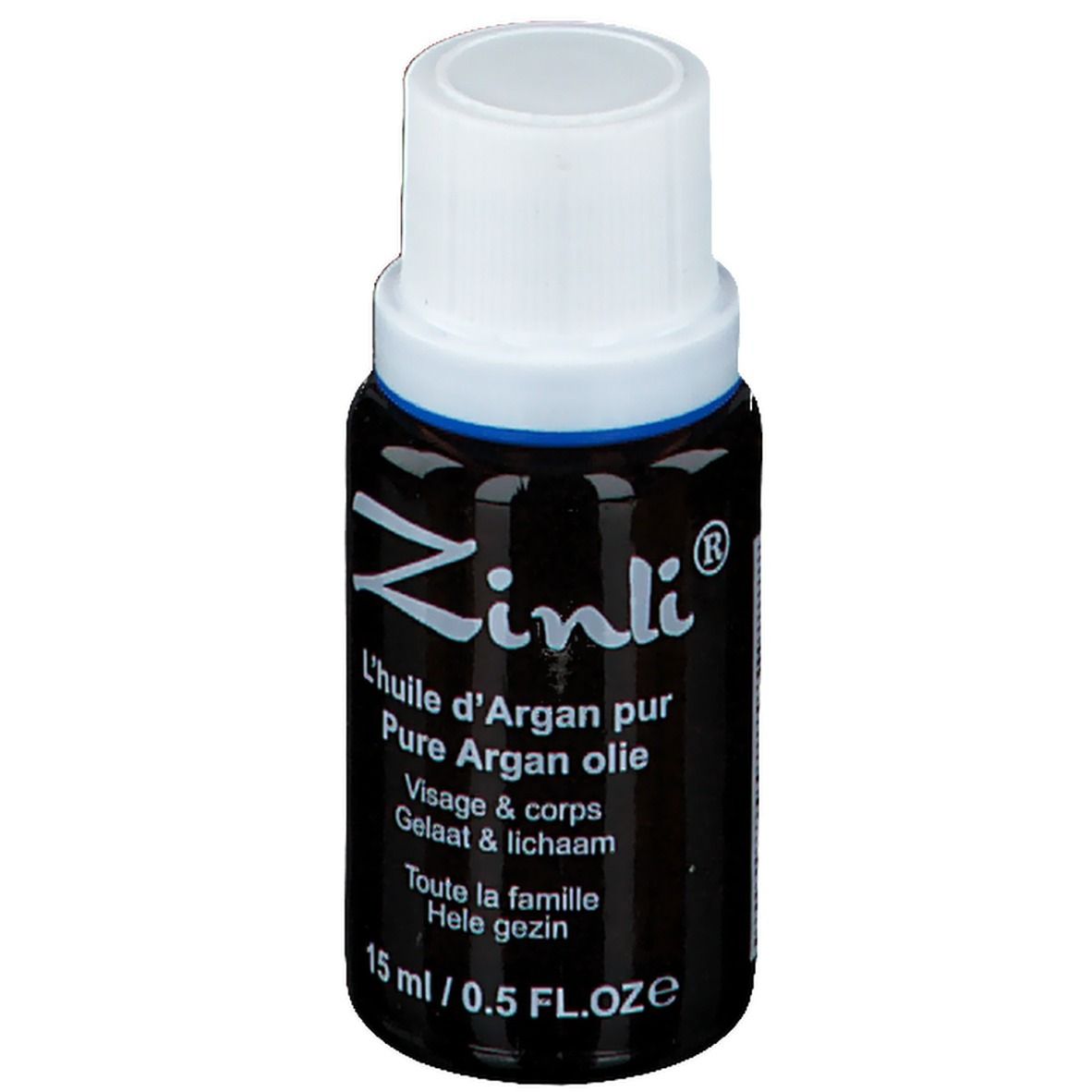 Flacon marron avec bouchon blanc. Inscription: Zinli, L'huile d'Argan pur, 15 ml/0.5 FL.OZE.